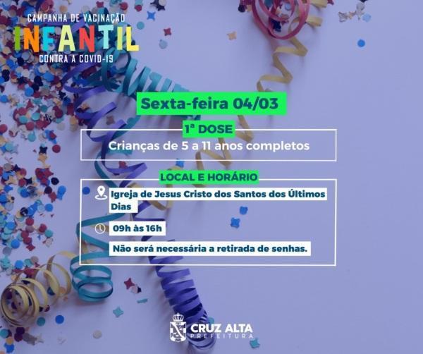 Sexta-feira é dia exclusivo de vacinação infantil contra a Covid em Cruz Alta
