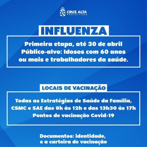 Campanha Nacional de Vacinação contra a Gripe começa hoje em Cruz Alta