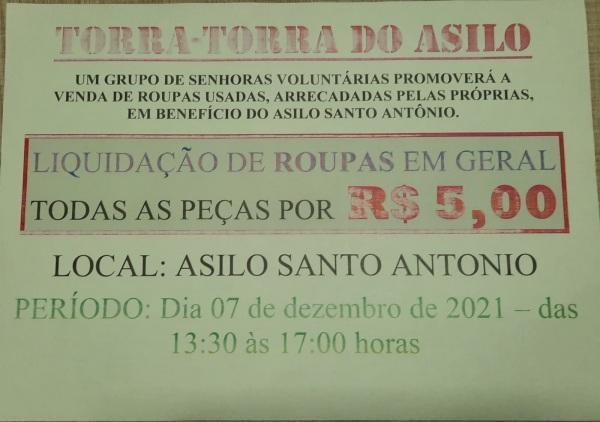 Brechó beneficente para o Asilo Santo Antônio será no dia 07/12