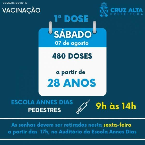 Sábado será dia de vacinação contra a Covid-19 em Cruz Alta