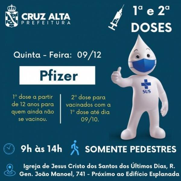 Nesta quinta tem 2º dose de Vacina da Pfizer em Cruz Alta