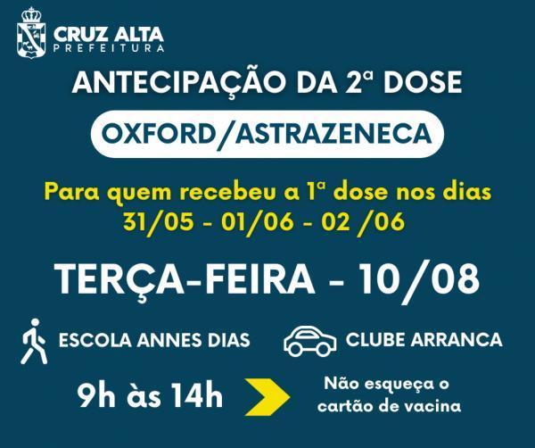 Antecipação 2ª dose Oxford/AstraZeneca será realizada na terça-feira