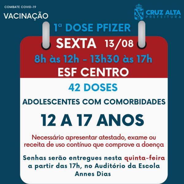 Cruz Alta realiza vacinação contra a Covid-19 em adolescentes com comorbidades