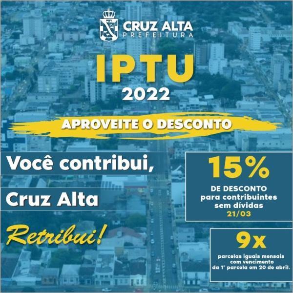 Pagamento do IPTU em parcela única garante 15% de desconto em Cruz Alta