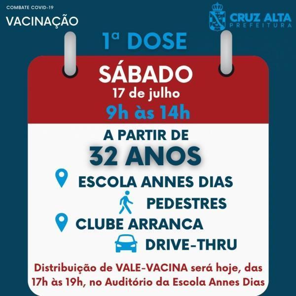 Sábado será dia de vacinação contra a Covid-19 em Cruz Alta