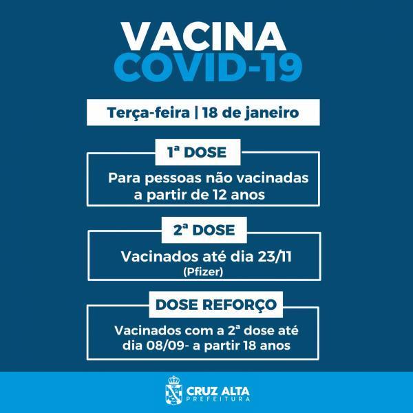 Terça tem vacinação em Cruz Alta contra a covid-19 para 1º, 2º e 3º dose