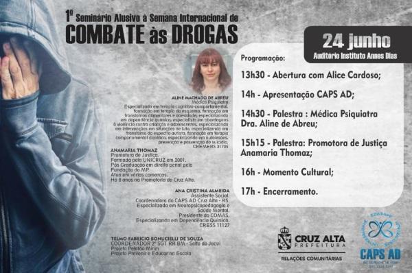Cruz Alta terá 1º Seminário alusiva a semana de combate às drogas