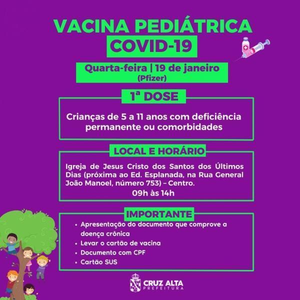 Amanhã inicia a vacinação contra a Covid-19 para crianças em Cruz Alta 