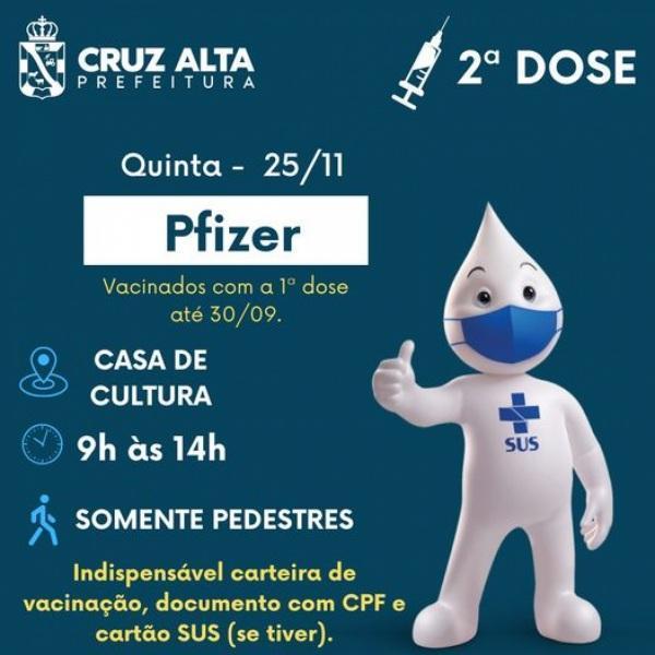 Aplicação da segunda dose da Pfizer é nesta quinta-feira em Cruz Alta