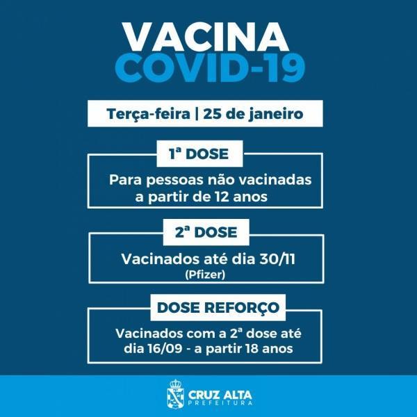 Vacinação contra a Covid-19 continua nesta terça em Cruz Alta
