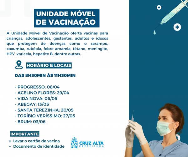 Unidade móvel de vacinação estará amanhã no Bairro Toribio Verissimo