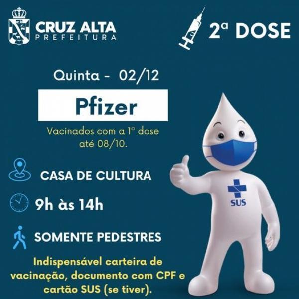 Quinta-feira tem 2ª dose da vacina da Pfizer em Cruz Alta