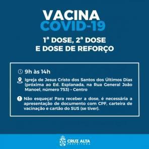Terça tem vacinação em Cruz Alta contra a covid-19 para 1º, 2º e 3º dose
