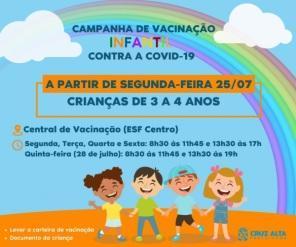 Cruz Alta começa a vacinar crianças de 3 e 4 anos na segunda-feira (25)