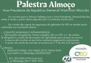 Vice-Presidente Mourão virá em Cruz Alta para Palestra Almoço em Agosto