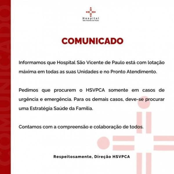 HSVP emite nota de lotação máxima pela segunda vez em menos de 10 dias