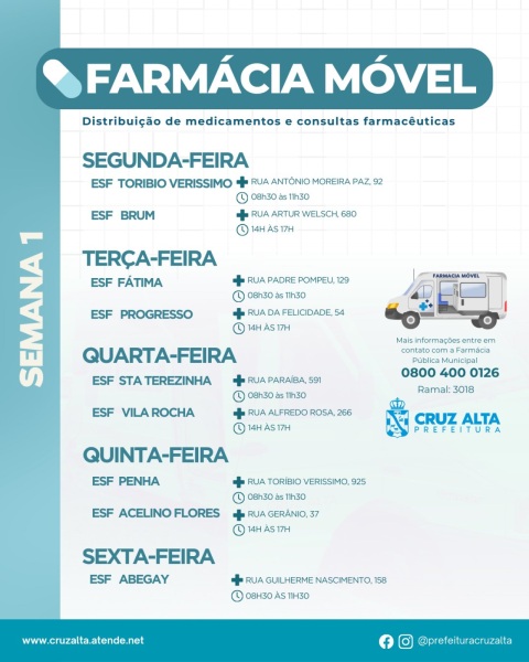 FARMÁCIA MÓVEL>Nesta quarta estará nas ESFs Santa Terezinha e Vila Rocha