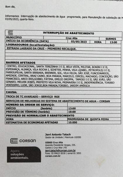 Cruz Alta sofrerá desabastecimento de água na tarde da quarta-feira 