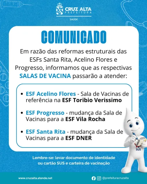 Salas de vacina mudam de endereço durante reformas de ESFs em Cruz Alta