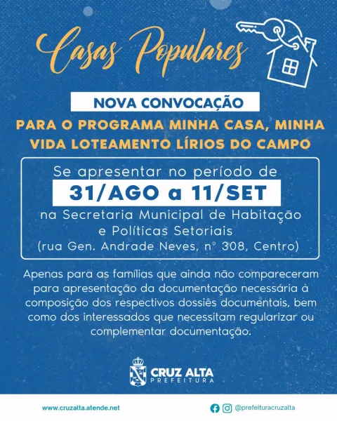 Prefeitura de Cruz Alta convoca famílias para programa habitacional