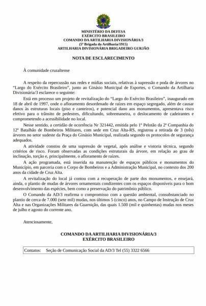Comando da AD/3 divulga nota de esclarecimento sobre corte e podas de árvores