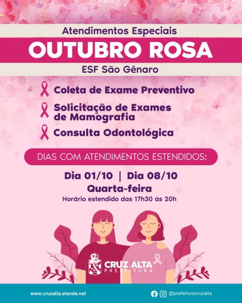 OUTUBRO ROSA> ESFs São  Genaro e Progresso terão horários especiais