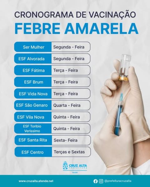 Vacinação contra a Febre Amarela terá cronograma especial em Cruz Alta