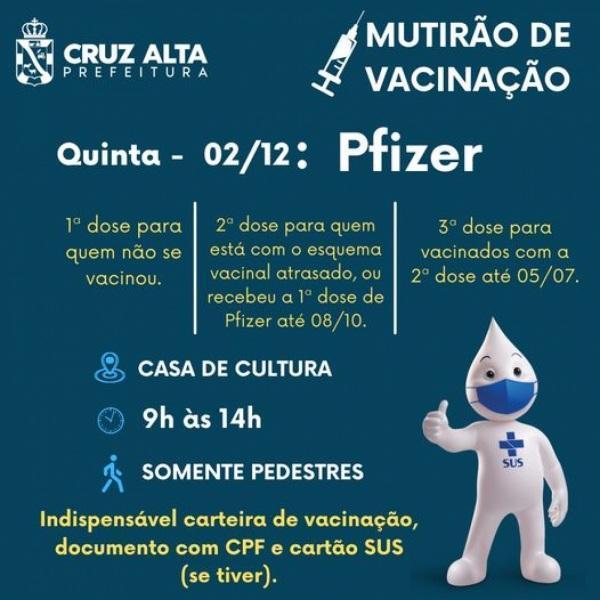 Quinta-feira terá mutirão de vacinação contra a Covid-19 em Cruz Alta