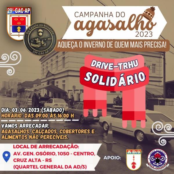 Hoje tem DRIVE THRU SOLIDÁRIO do 29ºGAC AP em frente ao quartel da AD/3