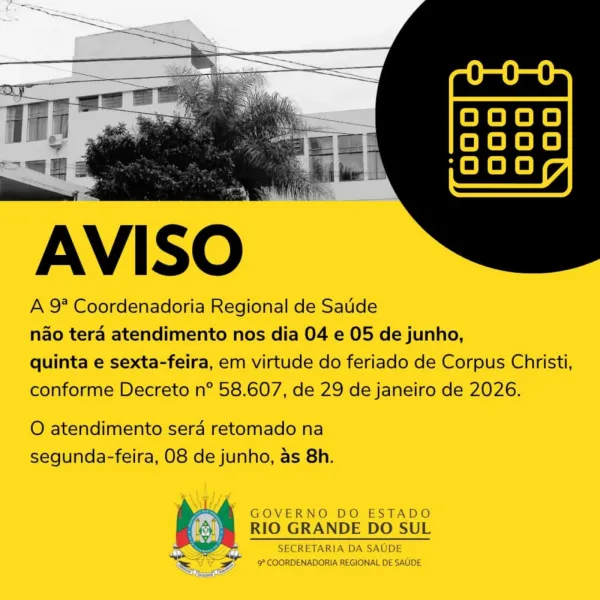 9ª Coordenadoria Regional de Saúde sem atendimento nos dias 4 e 5 de junh