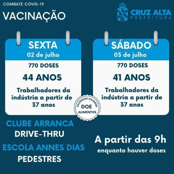 Cruz Alta retoma a vacinação contra a Covid-19 nesta sexta-feira e no sábado