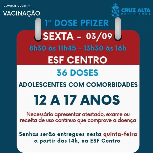 Cruz Alta realiza vacinação contra a Covid-19 em adolescentes com comorbidades