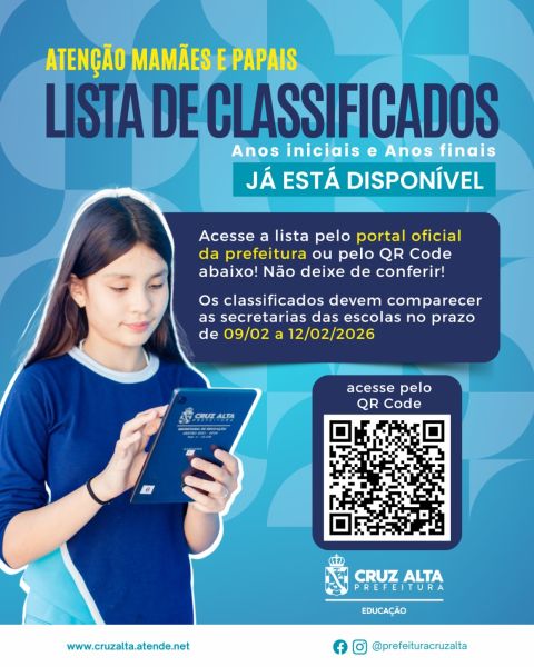 Lista de selecionados para vagas nas escolas municipais – Ano letivo 2026