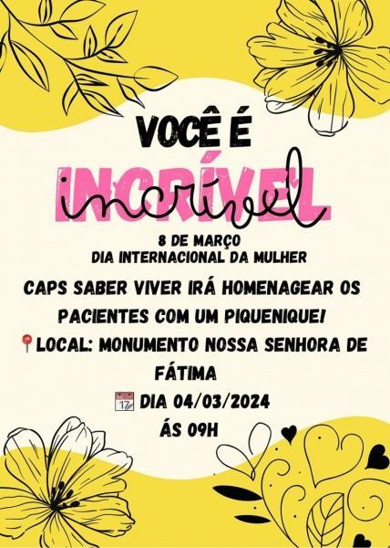 CAPS I promoverá um piquenique em alusão ao Dia da Mulher nesta segunda-feira