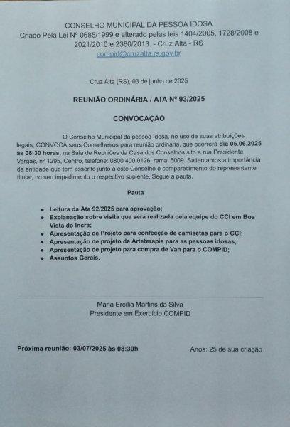 Conselho da Pessoa Idosa de Cruz Alta realiza reunião nesta quinta-feira 