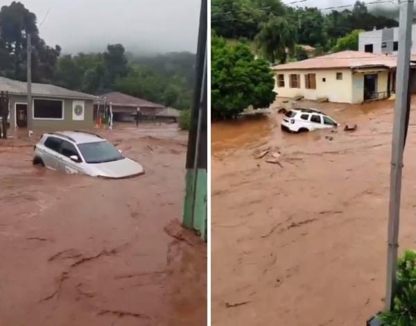 NORTE DO RS: Temporal destrói casa, arrasta viatura da BM e inunda município 