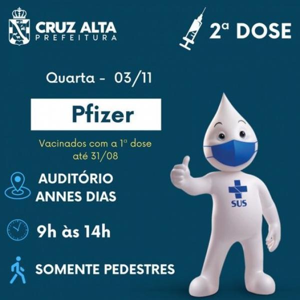 Nesta quarta-feira tem vacinação da segunda dose da Pfizer em Cruz Alta
