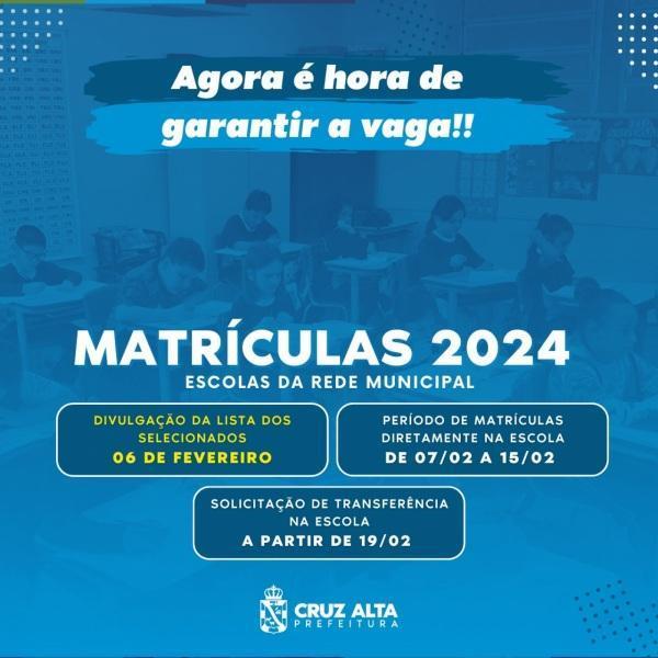 MATRÍCULAS: Lista de alunos pré classificados  será divulgada amanhã dia 06