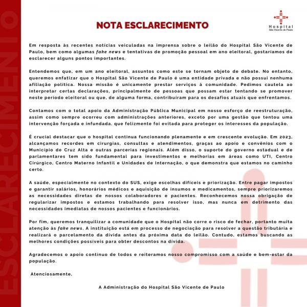 LEILÃO DO HOSPITAL> São Vicente divulga