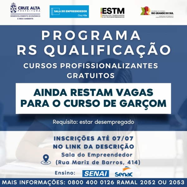 Programa RS Qualificação>  Ainda restam vagas para o curso de garçom 