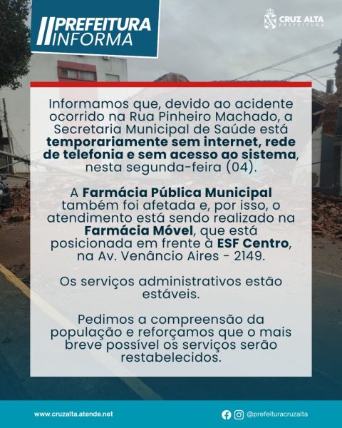 Acidente em Cruz Alta compromete serviços da Secretaria de Saúde