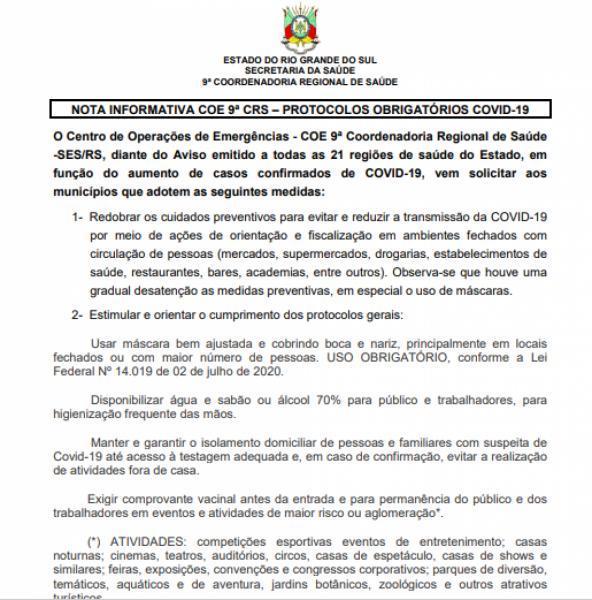 9º Coordenadoria Regional de Saúde emite aviso devido a Covid-19