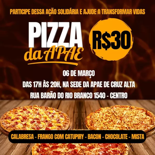 APAE de Cruz Alta promove ação solidária com venda de pizzas nesta sexta-feira