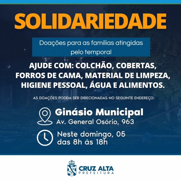 SOLIDARIEDADE> Arrecadação de donativos segue neste domingo no ginásio