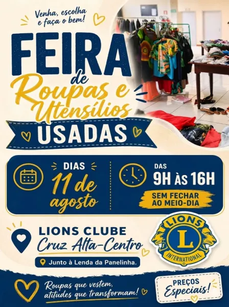 Lions Clube promove feira de roupas e utensílios usados em Cruz Alta