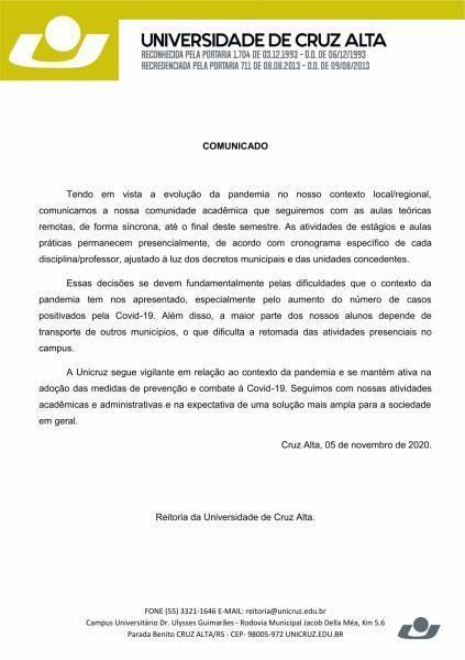 Unicruz divulga comunicado oficial sobre o final do semestre letivo