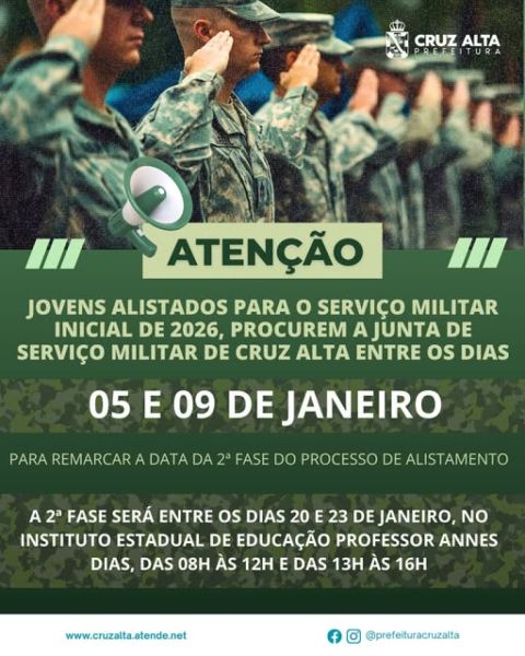 Junta Militar alerta sobre datas do alistamento 2026 em Cruz Alta