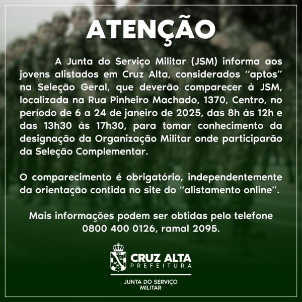 Jovens Aptos Devem Comparecer à Junta do Serviço Militar em Cruz Alta