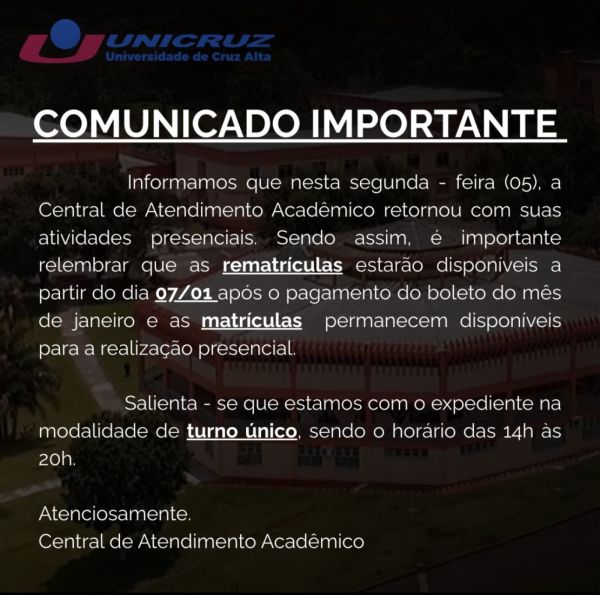 UNICRUZ retoma atendimento presencial e orienta sobre matrículas