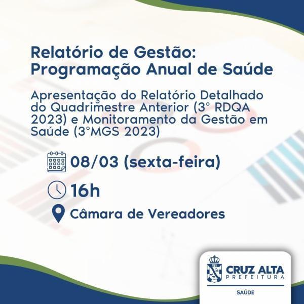 Secretaria de Saúde de Cruz Alta apresentará o 3º RDQA de 2023